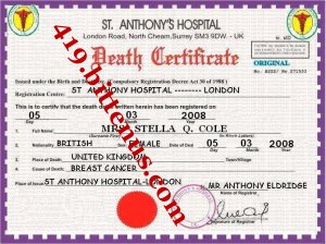 Death certificate mrs stella cole